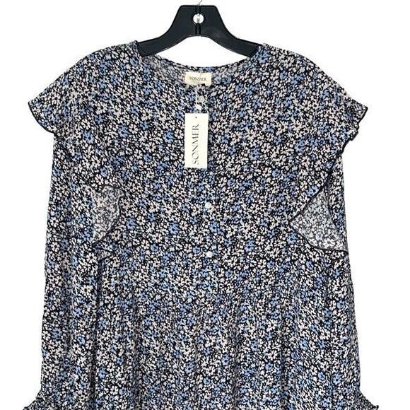 Sonmer‎ Womens Floral Long Sleeve Ruffle Trim Maxi Dress Blue Multi Small NWT - Picture 2 of 11
